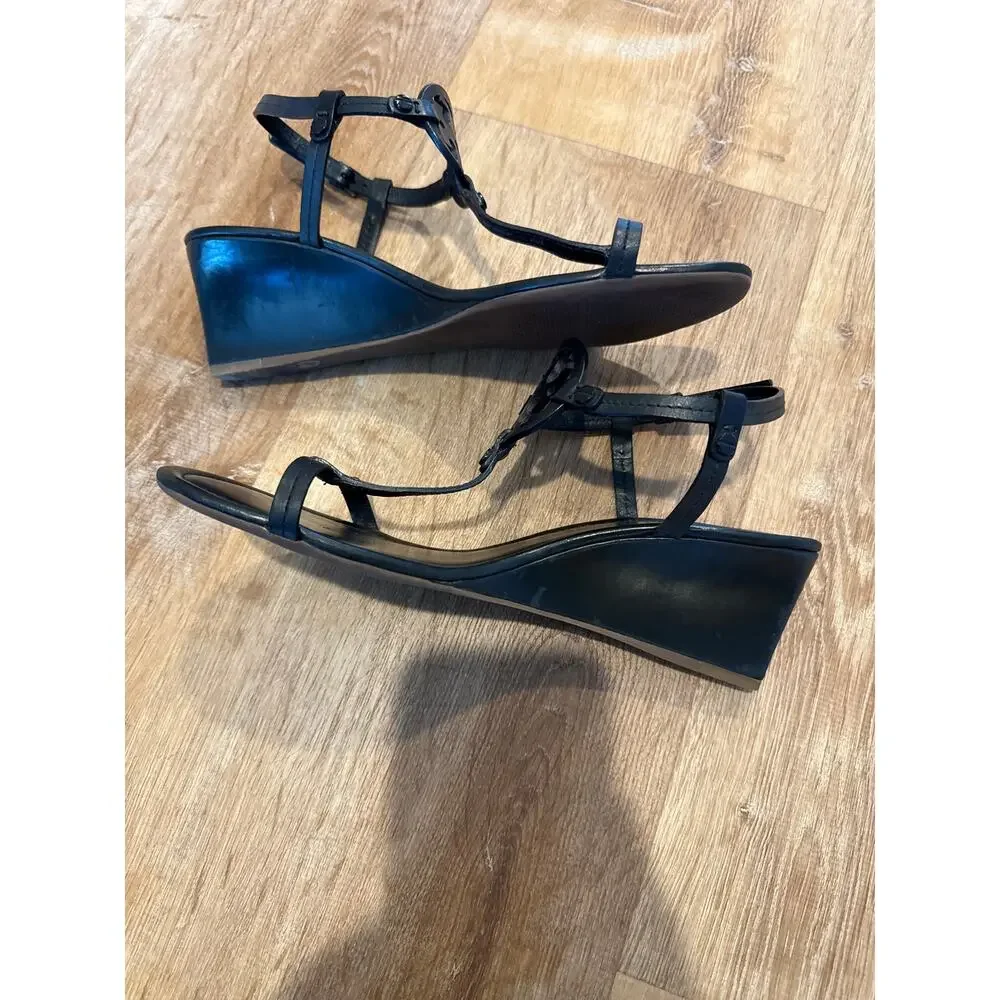 Tory Burch Miller T-Strap Wedge Sandals Black Leather Size 9